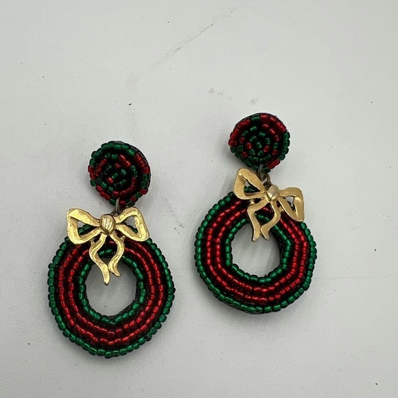 Festive Green and Red Beaded Earrings with Gold Bow - Picture 3 of 5